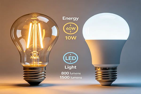 An old incandescent light bulb next to a modern LED light bulb with comparison icons for energy and light